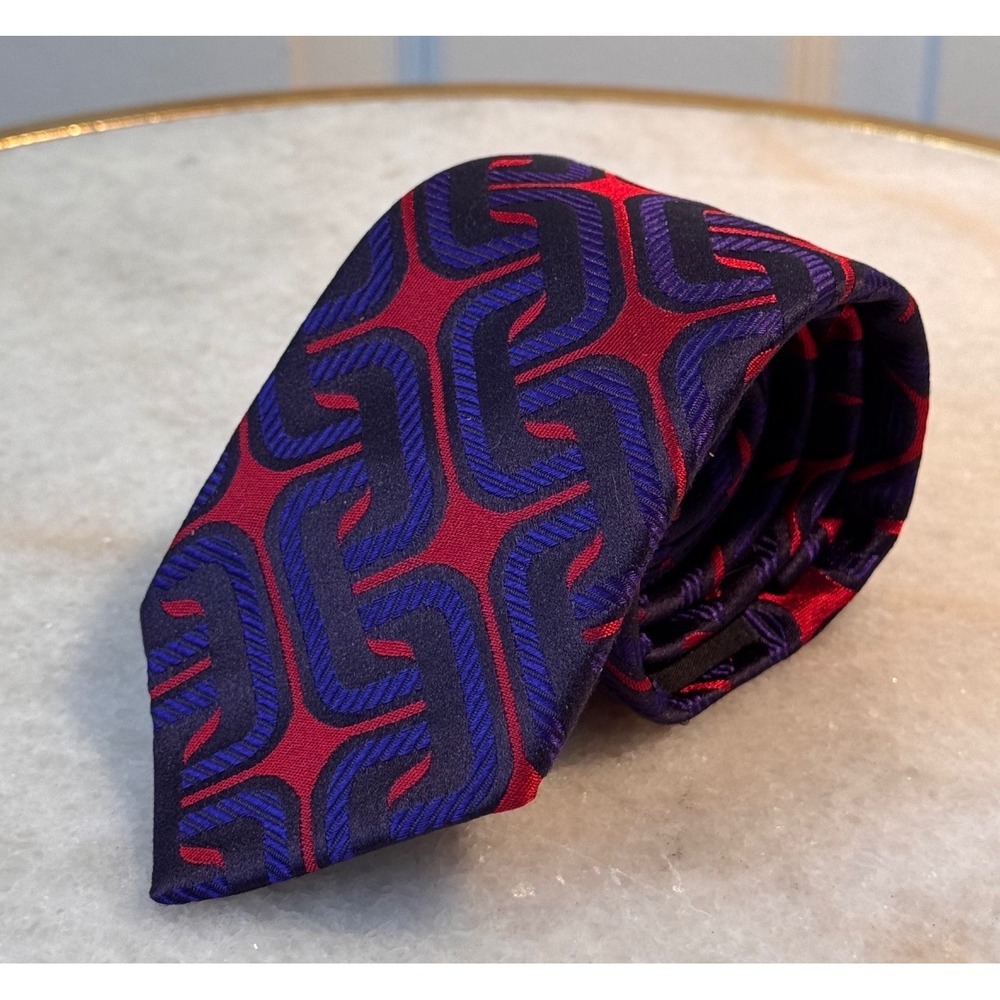 Duchamp London Mens Silk Tie Red Purple Geometric Chain Link Hand Made England
